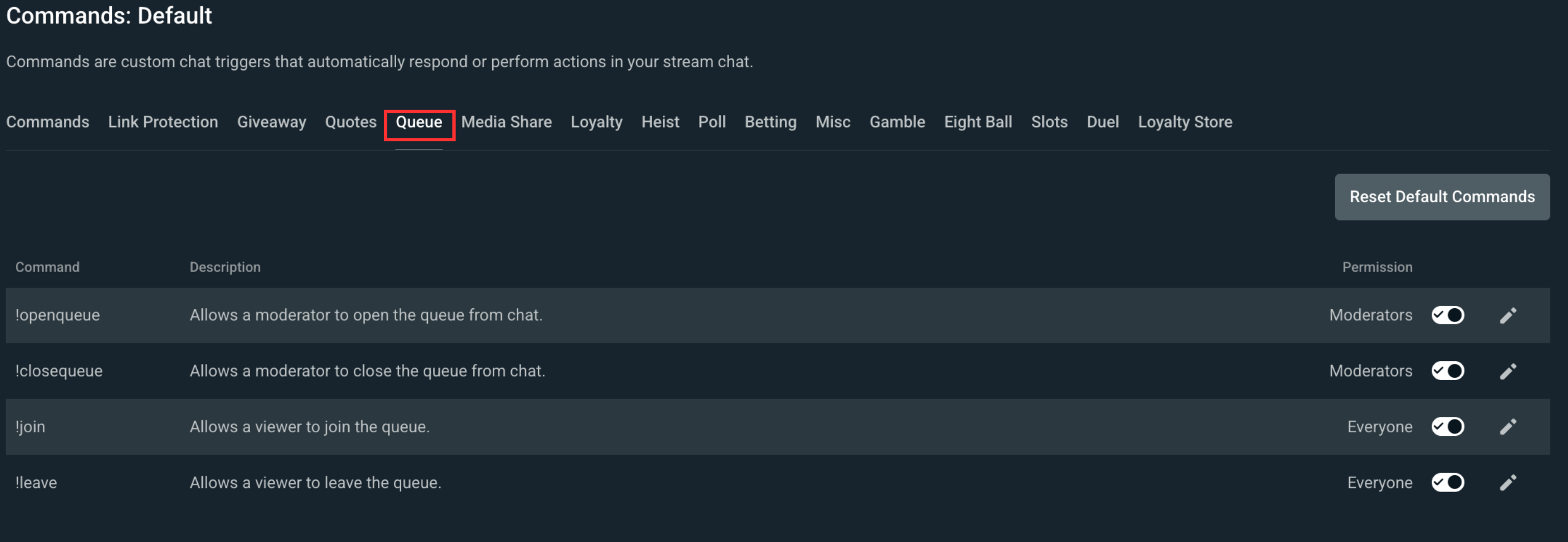 Queue settings for commands in the default commands setting tab for Cloudbot